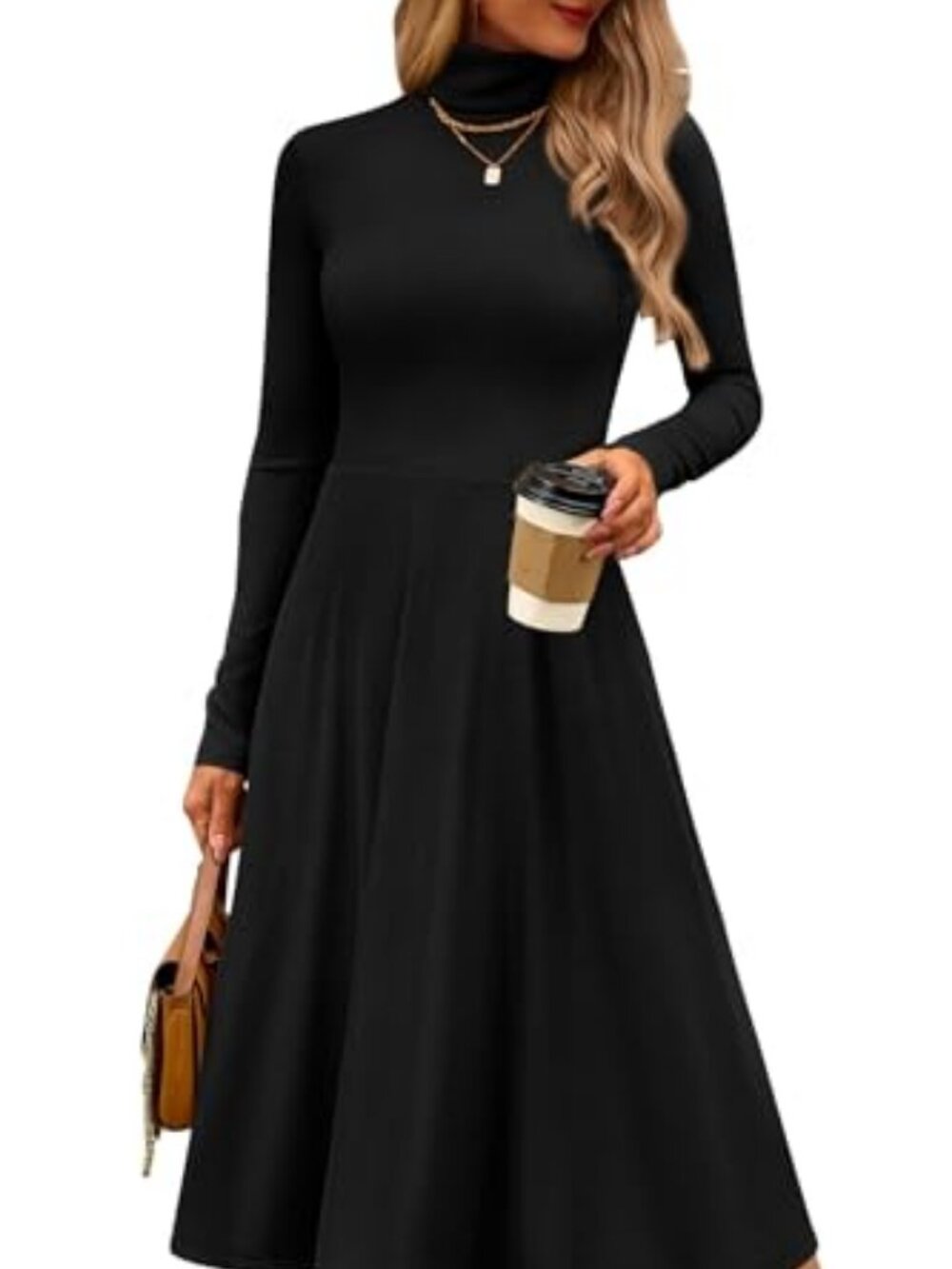 CFLONGE Womens Long Sleeve Turtleneck Dress Midi A Line Fall Dresses
